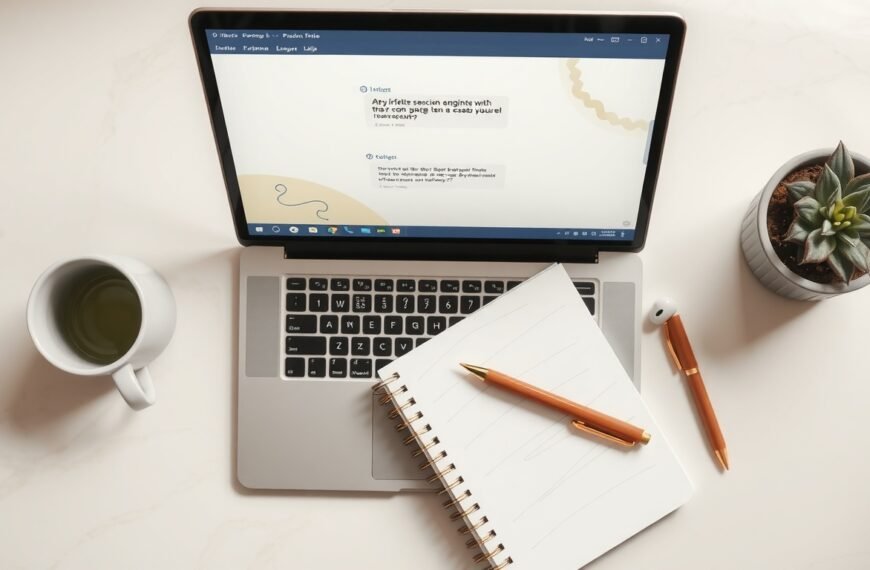 프롬프트 엔지니어링 - flat lay of laptop screen showing AI chatbot interface with prompt engineering concept, clean white desk setup