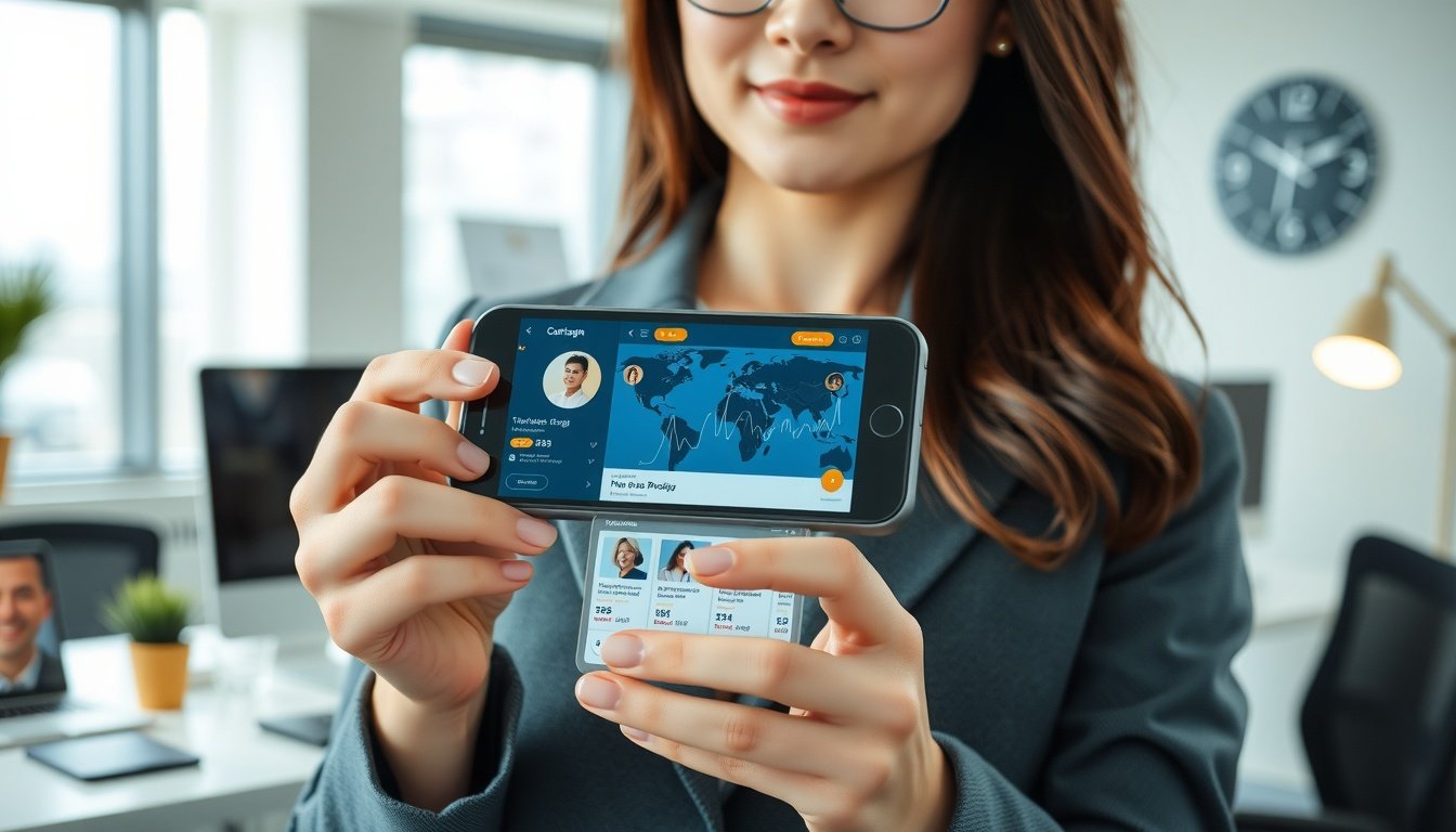 인플루언서 마케팅 - Korean woman upper body shot with face visible, holding smartphone showing influencer marketing campaign dashboard, natural hands, modern office background