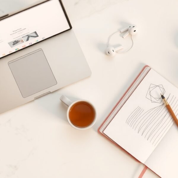 클로드 AI - flat lay of laptop with Claude AI interface on screen, notebook and coffee cup on white desk, AI technology concept