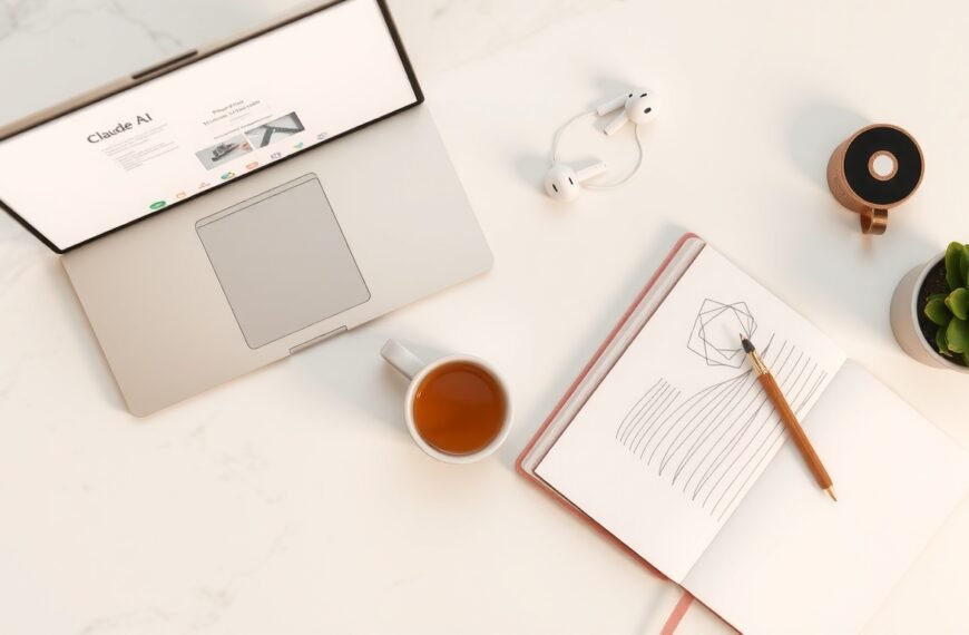 클로드 AI - flat lay of laptop with Claude AI interface on screen, notebook and coffee cup on white desk, AI technology concept