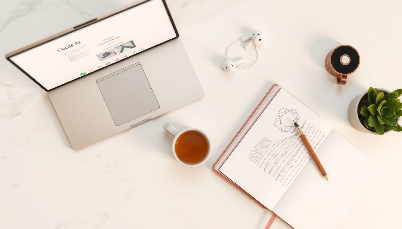 클로드 AI - flat lay of laptop with Claude AI interface on screen, notebook and coffee cup on white desk, AI technology concept