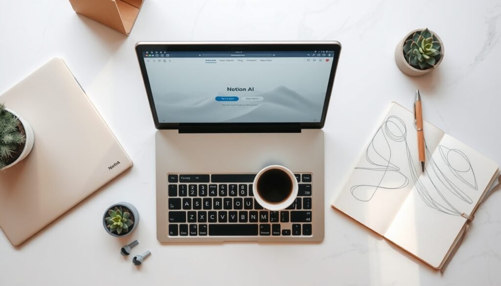 노션 AI - flat lay of laptop showing Notion AI interface with notebook and coffee on clean white desk, productivity concept