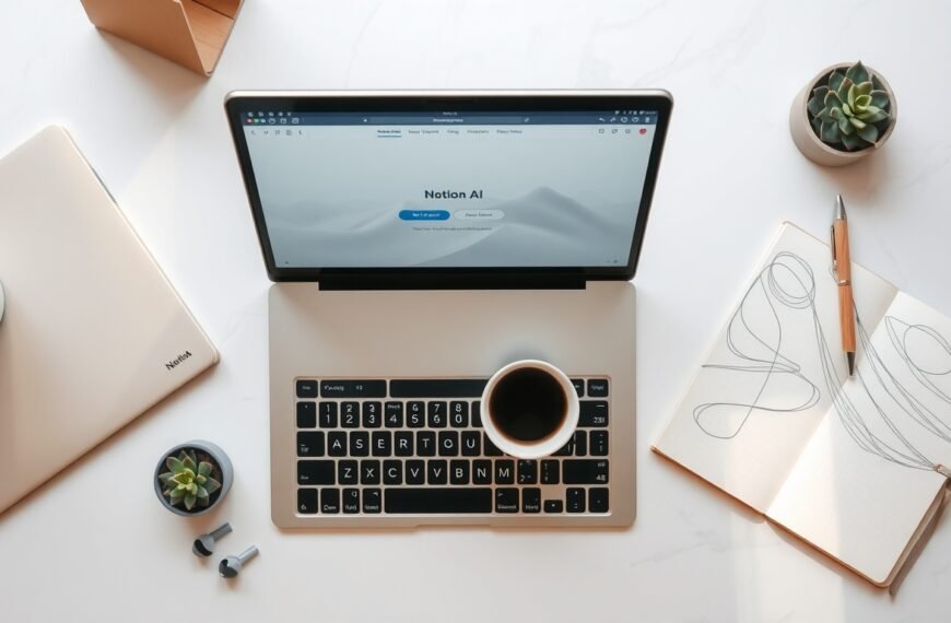 노션 AI - flat lay of laptop showing Notion AI interface with notebook and coffee on clean white desk, productivity concept