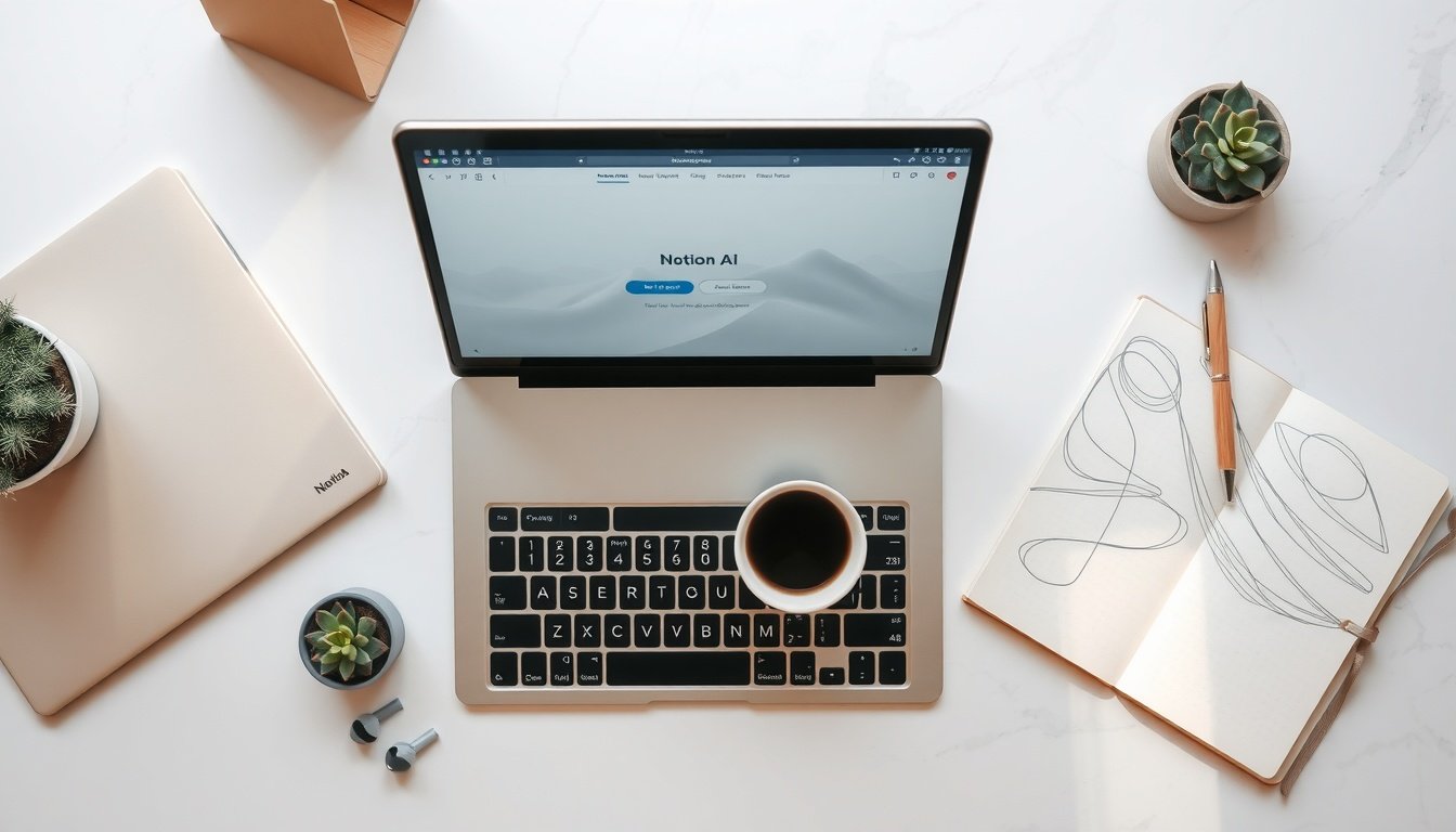 노션 AI - flat lay of laptop showing Notion AI interface with notebook and coffee on clean white desk, productivity concept