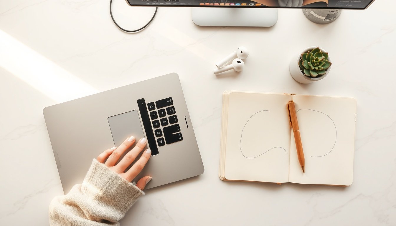 생성형 AI - Korean professional woman upper body shot with face visible, using generative AI tools on laptop screen in bright office, natural hands on keyboard