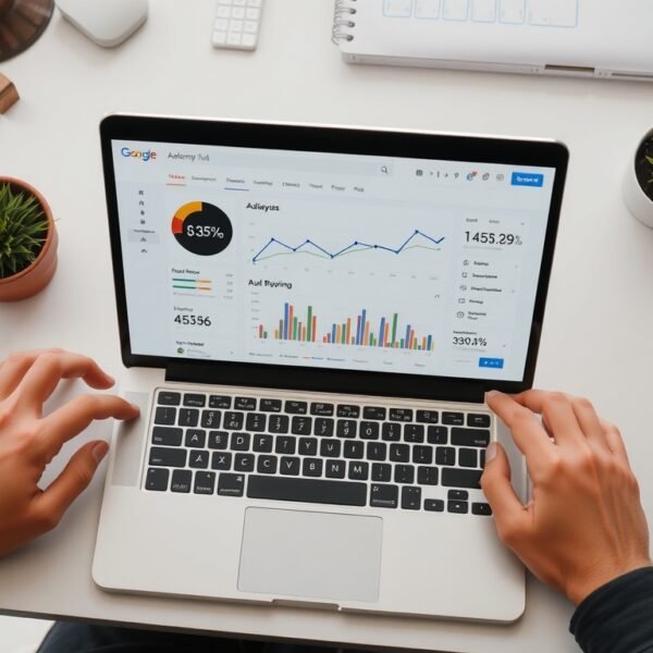 애드센스 수익 - flat lay of laptop showing Google AdSense dashboard with analytics chart on white desk, AdSense revenue concept