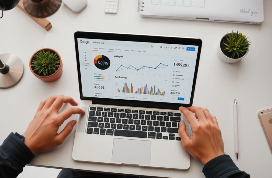 애드센스 수익 - flat lay of laptop showing Google AdSense dashboard with analytics chart on white desk, AdSense revenue concept