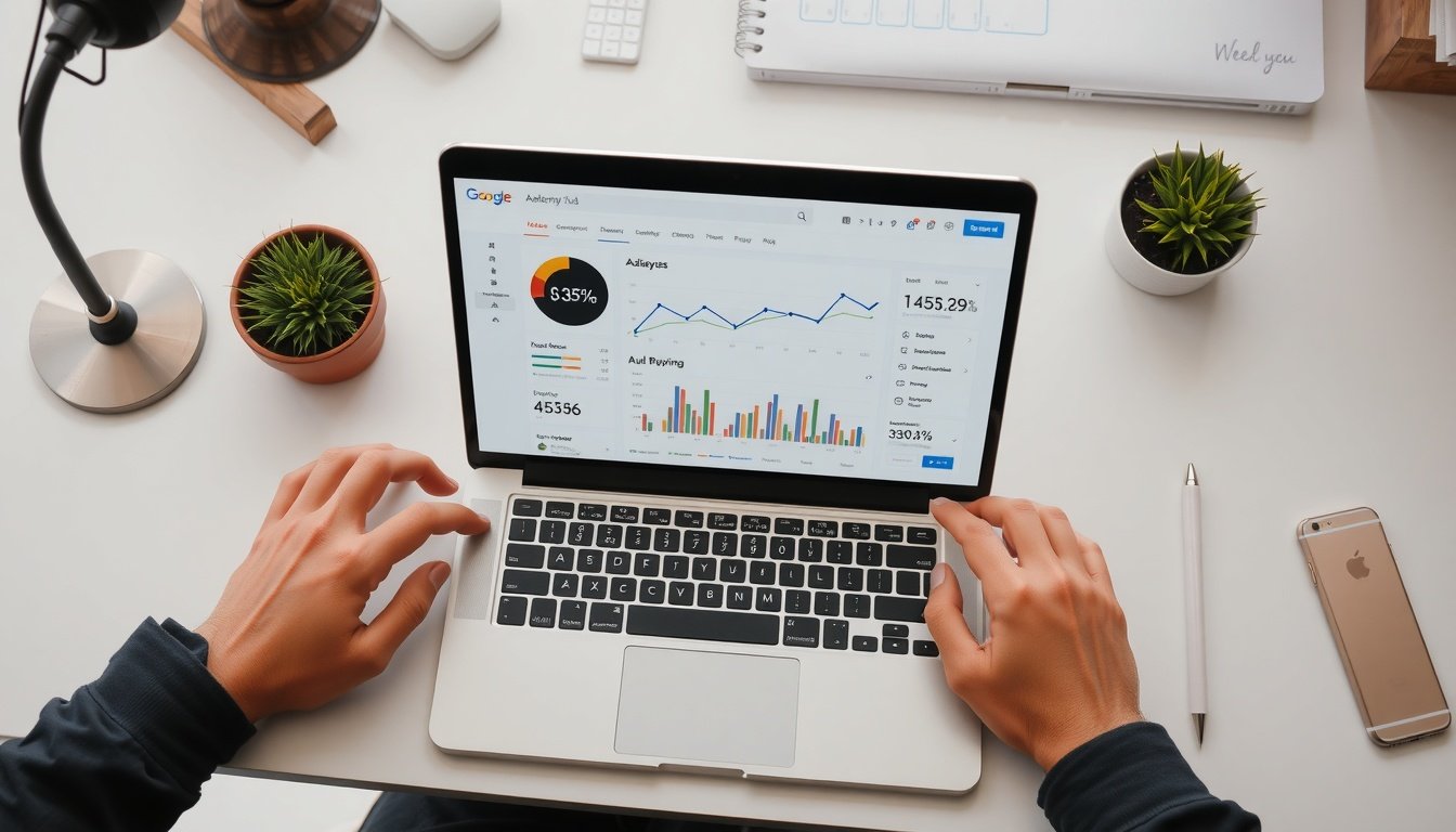 애드센스 수익 - flat lay of laptop showing Google AdSense dashboard with analytics chart on white desk, AdSense revenue concept