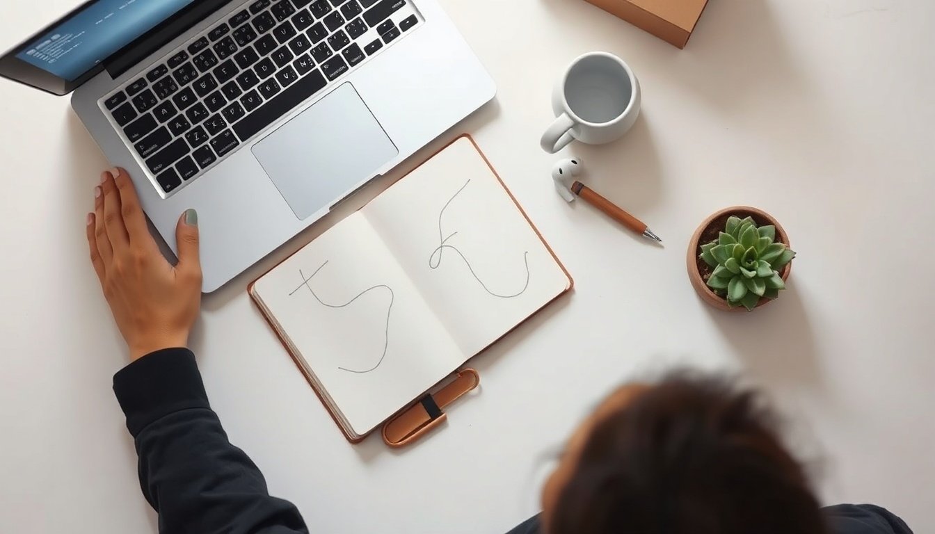 창업 지원금 - Korean entrepreneur upper body shot with face visible, reviewing startup business plan documents at desk, natural hands, creative office environment