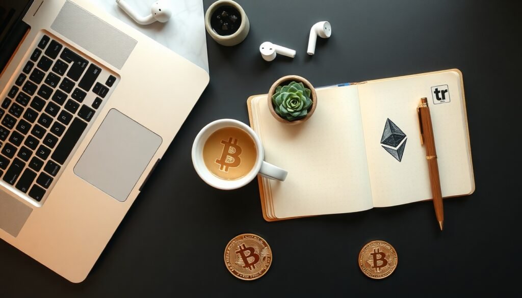 가상화폐 - flat lay of cryptocurrency coins bitcoin and ethereum on dark background with trading chart, digital investment concept
