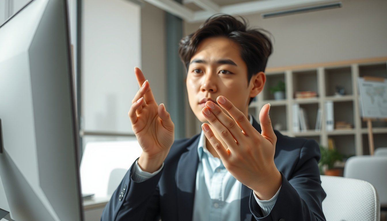키워드 분석 - Korean professional upper body shot with face visible, analyzing keyword data on computer screen in office, natural hands