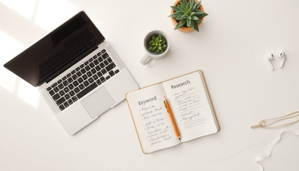 롱테일 키워드 - flat lay of laptop and notebook on white desk with keyword research concept, long-tail keyword SEO strategy