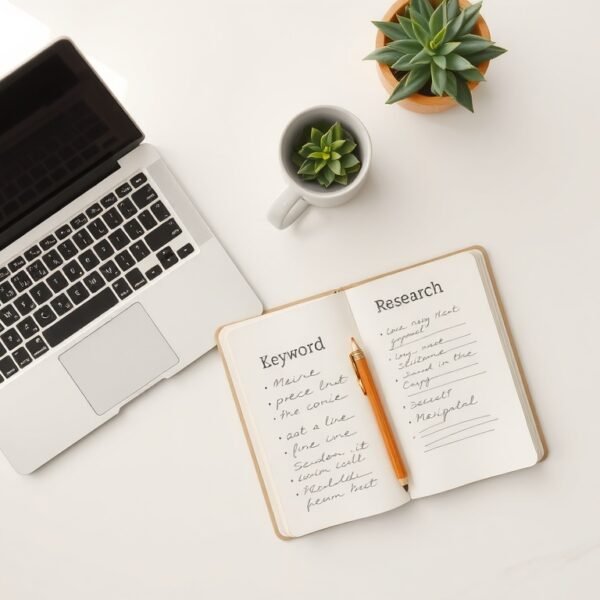 롱테일 키워드 - flat lay of laptop and notebook on white desk with keyword research concept, long-tail keyword SEO strategy