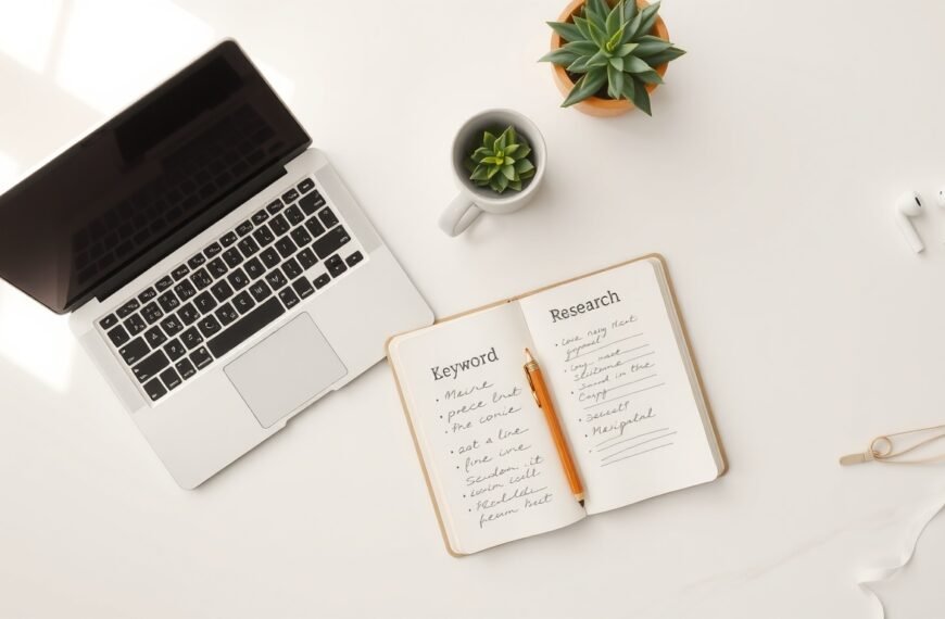 롱테일 키워드 - flat lay of laptop and notebook on white desk with keyword research concept, long-tail keyword SEO strategy