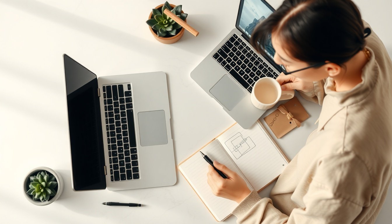 생성형 AI - Korean professional woman upper body shot with face visible, working on laptop with AI interface displayed, modern office background, natural hands on keyboard