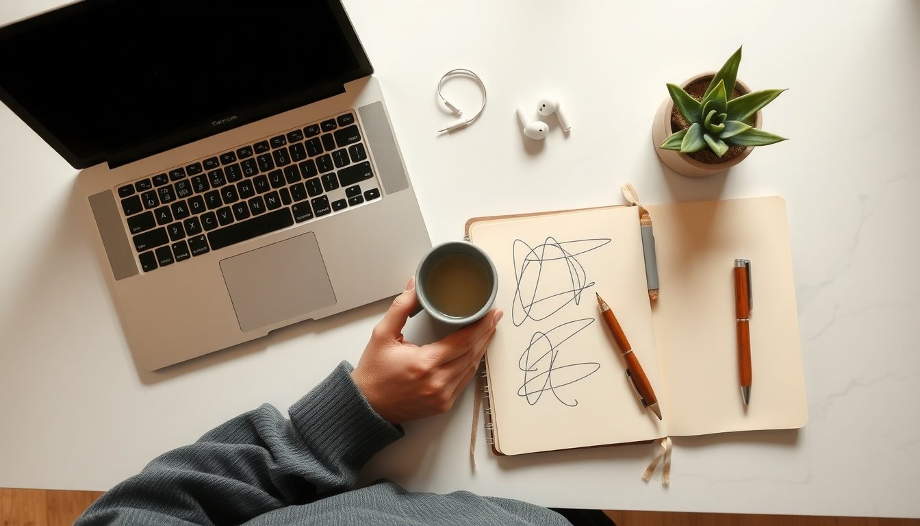 재택근무 부업 - Korean man upper body shot with face visible, working on laptop at home desk in evening light, natural hands typing, side hustle remote work concept