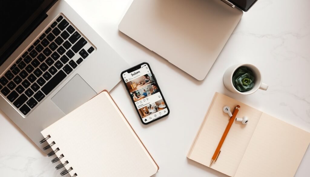 인스타그램 알고리즘 - flat lay of smartphone showing Instagram feed on white desk, instagram algorithm strategy concept