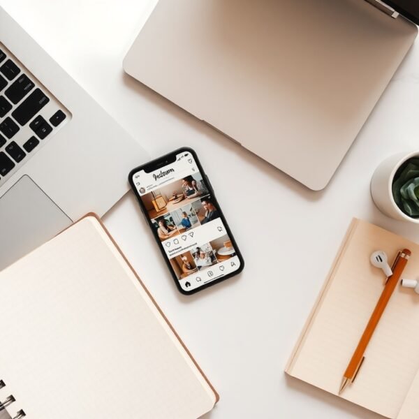 인스타그램 알고리즘 - flat lay of smartphone showing Instagram feed on white desk, instagram algorithm strategy concept