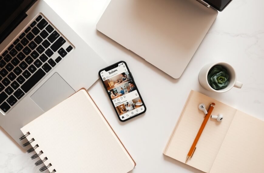 인스타그램 알고리즘 - flat lay of smartphone showing Instagram feed on white desk, instagram algorithm strategy concept