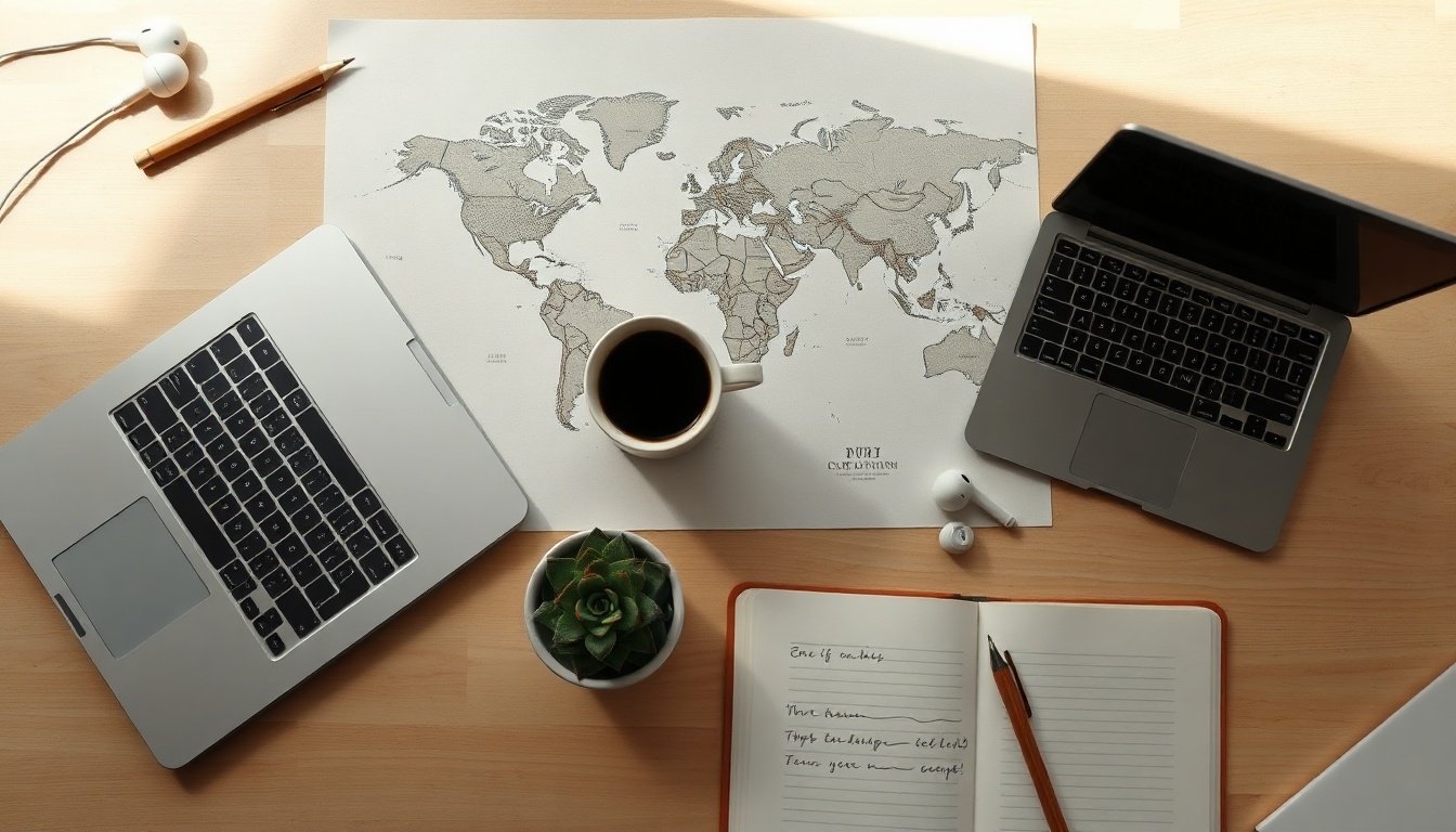 디지털노마드 - flat lay of world map, laptop, coffee and smartphone on wooden desk, digital nomad income strategy 2026