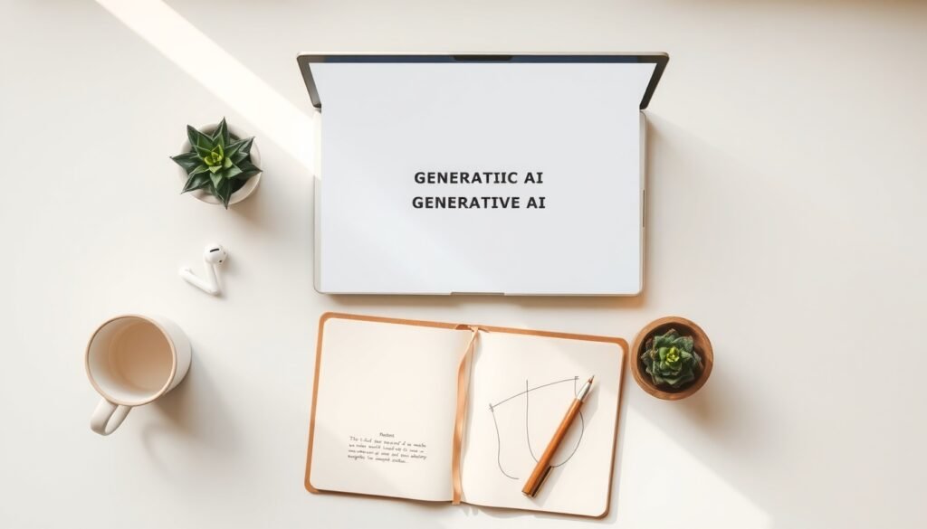 생성형 AI - flat lay of laptop screen showing generative AI interface with text and image output, modern desk setup, top-down view