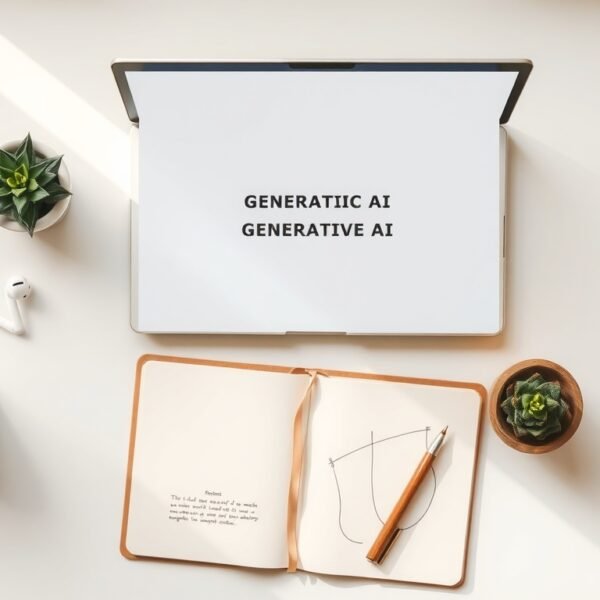 생성형 AI - flat lay of laptop screen showing generative AI interface with text and image output, modern desk setup, top-down view