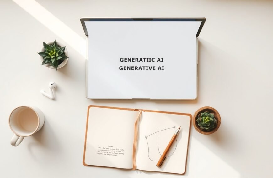 생성형 AI - flat lay of laptop screen showing generative AI interface with text and image output, modern desk setup, top-down view