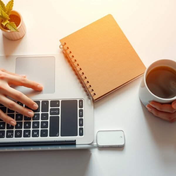 블로그 마케팅 - flat lay of laptop, notebook, and coffee cup on white desk, blog marketing strategy concept