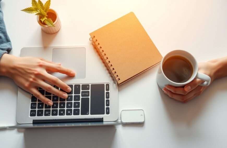 블로그 마케팅 - flat lay of laptop, notebook, and coffee cup on white desk, blog marketing strategy concept