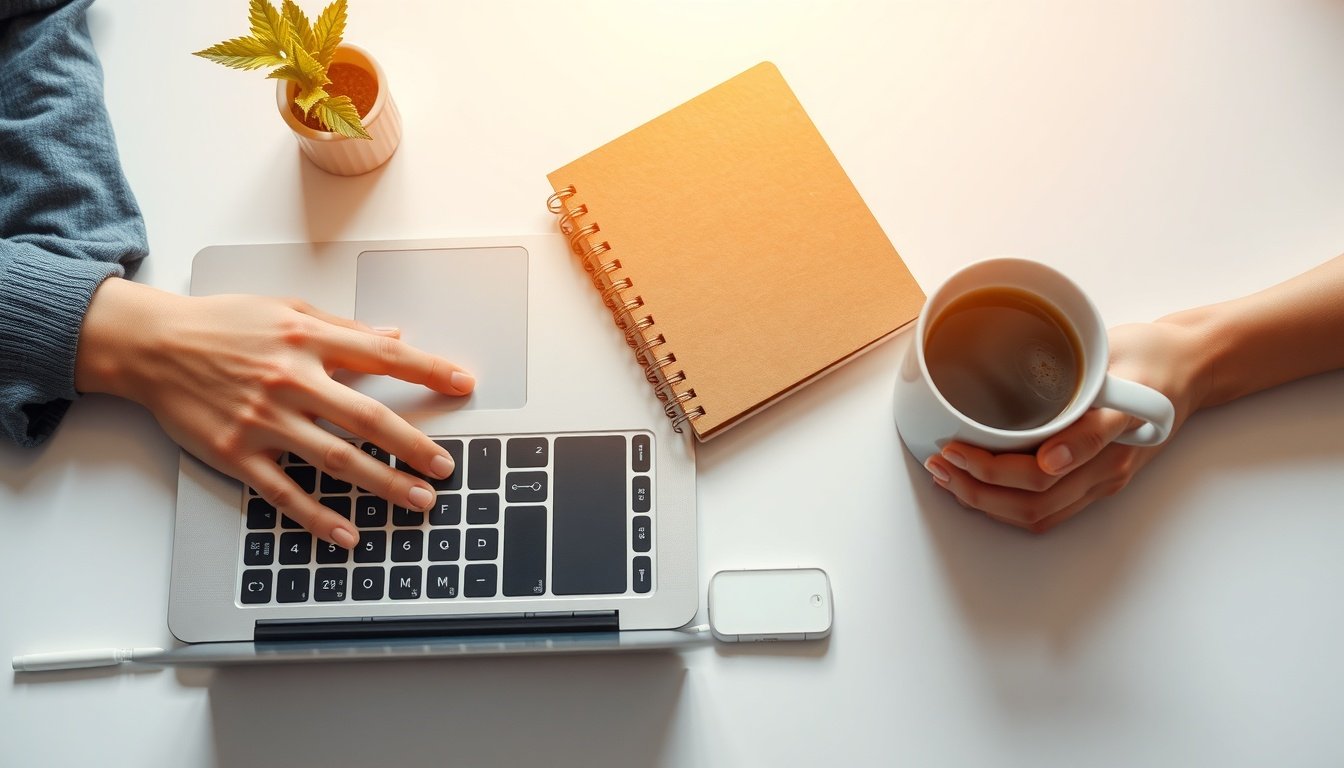 블로그 마케팅 - flat lay of laptop, notebook, and coffee cup on white desk, blog marketing strategy concept