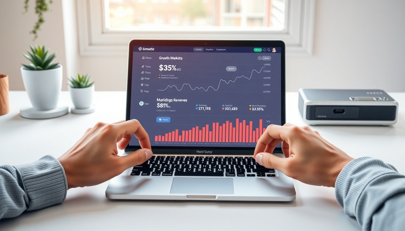 블로그 마케팅 - flat lay of blog marketing revenue chart and laptop on clean white desk, showing growth metrics