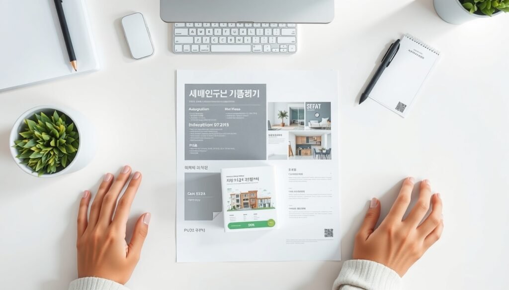 주택청약 - flat lay of Korean housing subscription documents and apartment model on white desk, housing subscription concept