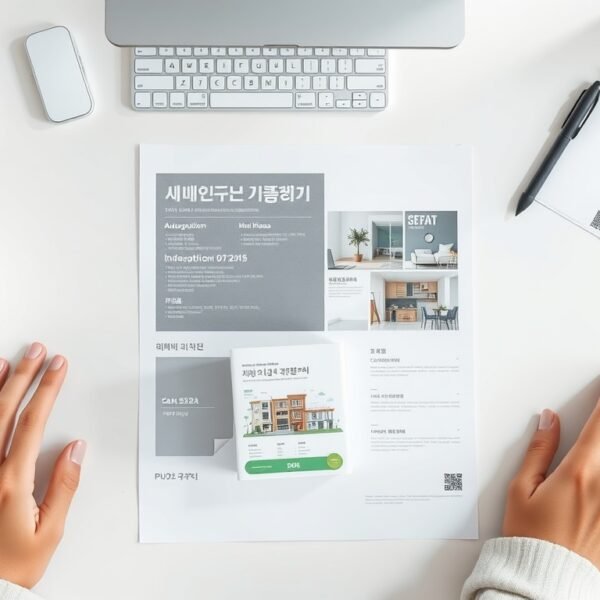 주택청약 - flat lay of Korean housing subscription documents and apartment model on white desk, housing subscription concept
