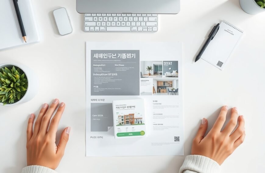 주택청약 - flat lay of Korean housing subscription documents and apartment model on white desk, housing subscription concept