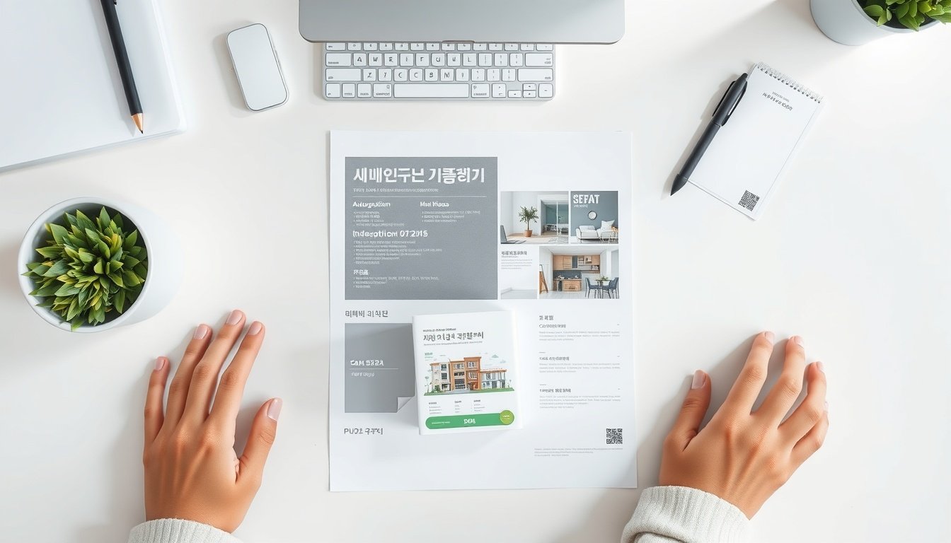 주택청약 - flat lay of Korean housing subscription documents and apartment model on white desk, housing subscription concept