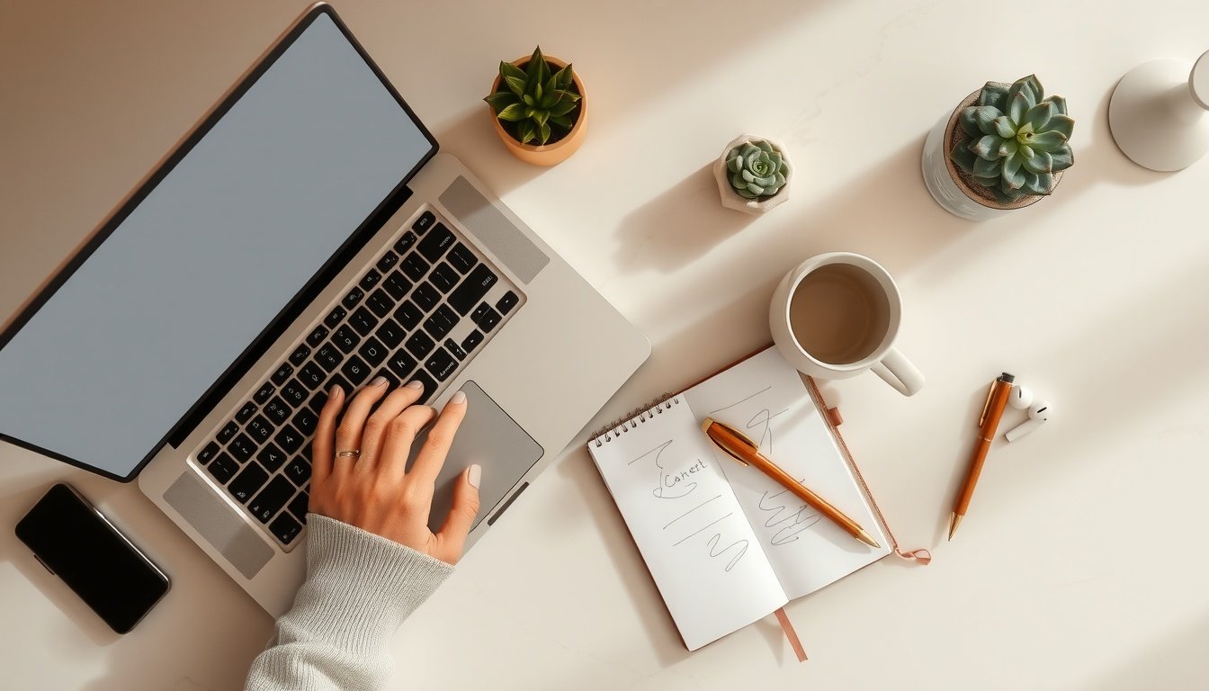 복지로 신청 - Korean person upper body shot with face visible, using laptop to apply for government welfare benefits on bokjiro website, natural hands, bright home office setting