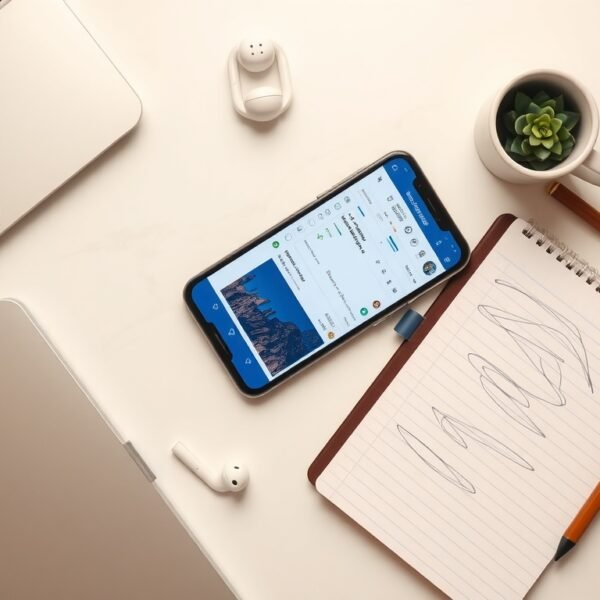 페이스북 광고 - flat lay of smartphone showing Facebook Ads Manager dashboard with notebook and pen on white desk, Facebook advertising concept