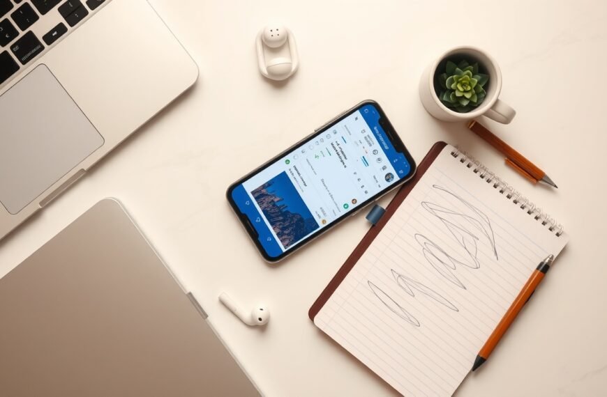 페이스북 광고 - flat lay of smartphone showing Facebook Ads Manager dashboard with notebook and pen on white desk, Facebook advertising concept