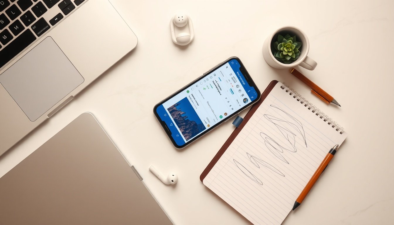 페이스북 광고 - flat lay of smartphone showing Facebook Ads Manager dashboard with notebook and pen on white desk, Facebook advertising concept