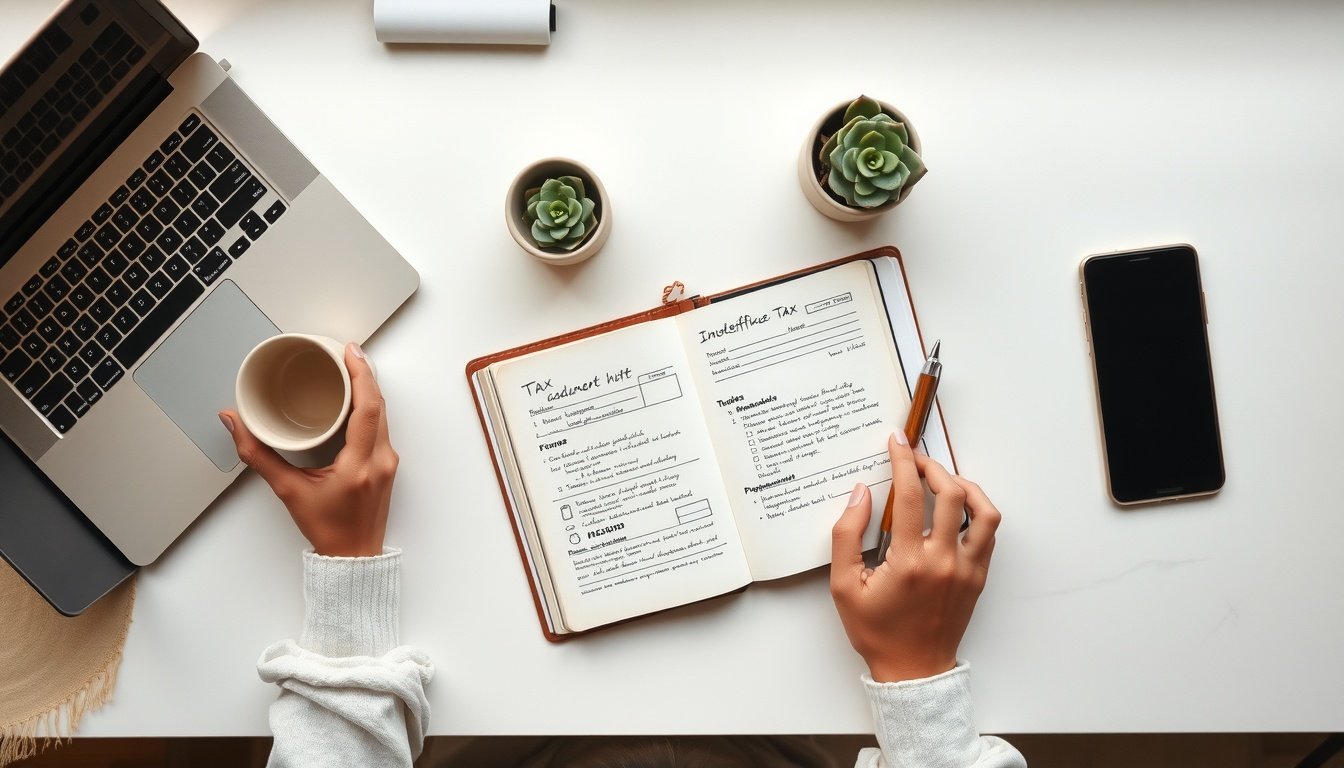 연말정산 - Korean office worker upper body shot with face visible, reviewing tax documents at desk with laptop, natural hands, year-end tax settlement concept