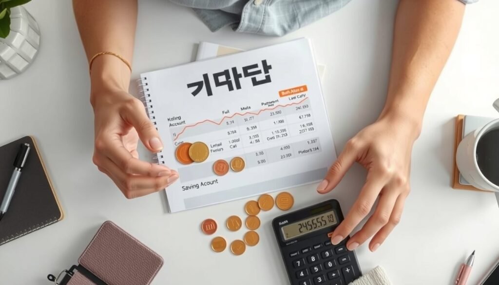 적금 추천 - flat lay of Korean savings account bankbook, coins, and calculator on white desk, high interest rate savings concept