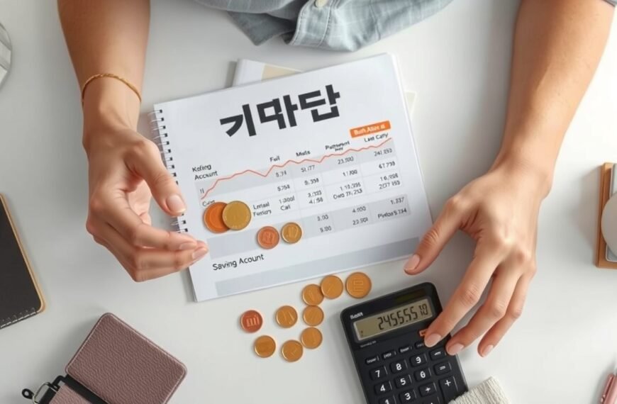 적금 추천 - flat lay of Korean savings account bankbook, coins, and calculator on white desk, high interest rate savings concept