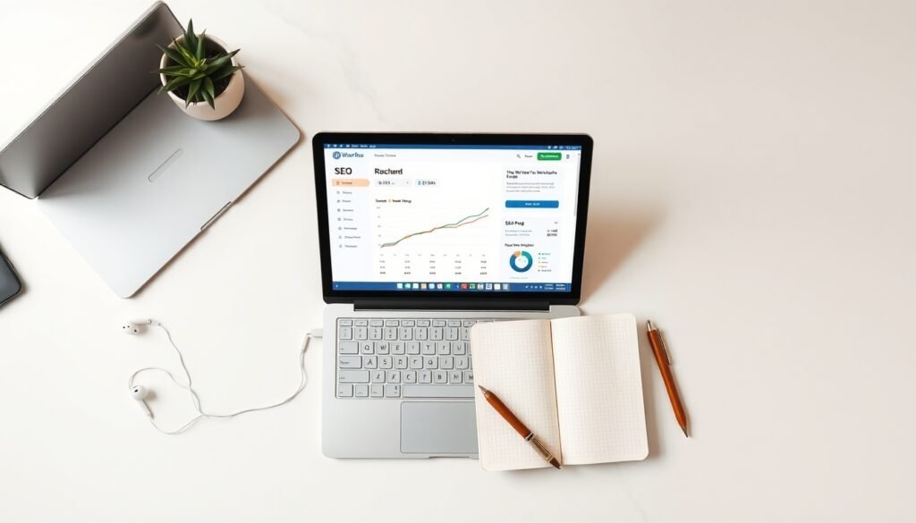 워드프레스 SEO - flat lay of laptop showing WordPress SEO dashboard with Rank Math plugin, overhead view on white desk