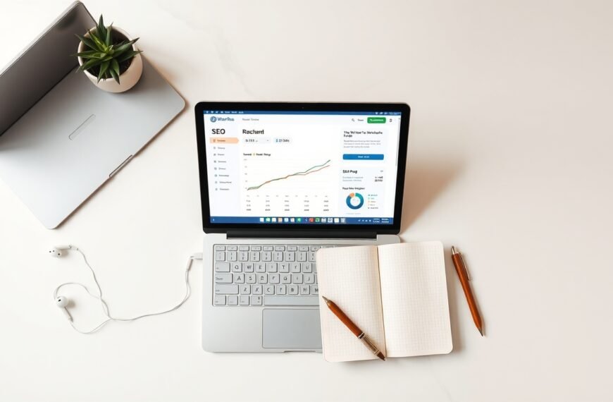 워드프레스 SEO - flat lay of laptop showing WordPress SEO dashboard with Rank Math plugin, overhead view on white desk