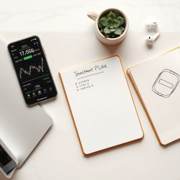주식 초보 - flat lay of smartphone showing stock trading app, notebook with investment plan, and pen on white desk, stock beginner concept