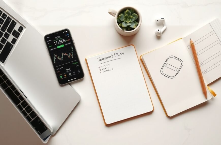주식 초보 - flat lay of smartphone showing stock trading app, notebook with investment plan, and pen on white desk, stock beginner concept