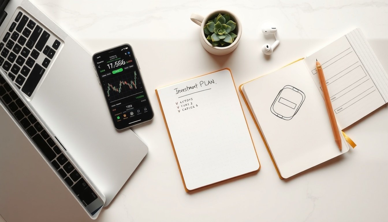 주식 초보 - flat lay of smartphone showing stock trading app, notebook with investment plan, and pen on white desk, stock beginner concept