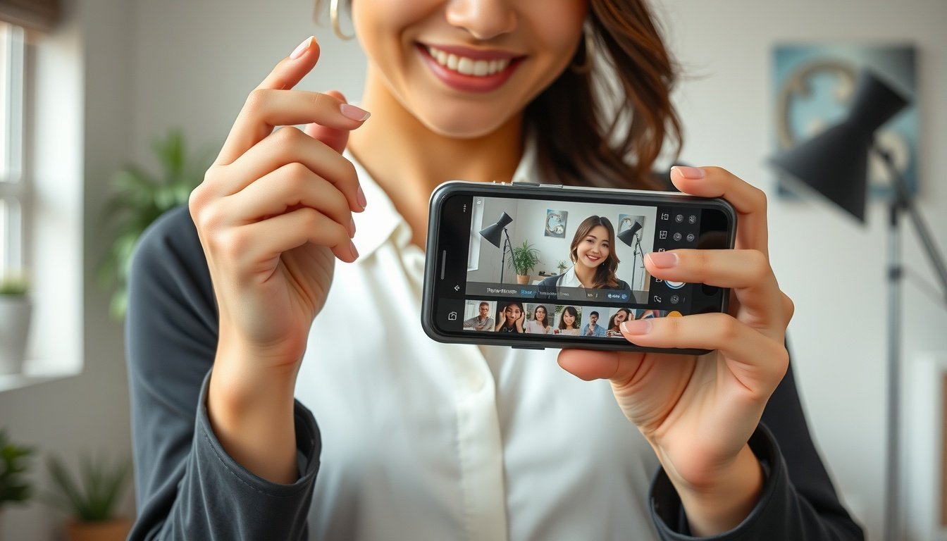 인스타 릴스 - Korean woman upper body shot with face visible, smiling while editing Instagram Reels on smartphone in bright home studio, natural hands, content creator concept