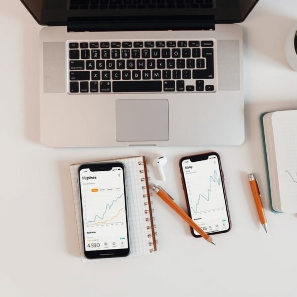 블로그 방문자 늘리기 - flat lay of laptop, notebook, and smartphone on white desk showing blog analytics growth chart, blog traffic strategy concept