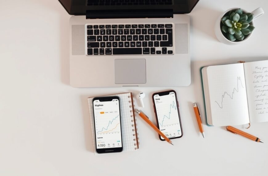 블로그 방문자 늘리기 - flat lay of laptop, notebook, and smartphone on white desk showing blog analytics growth chart, blog traffic strategy concept